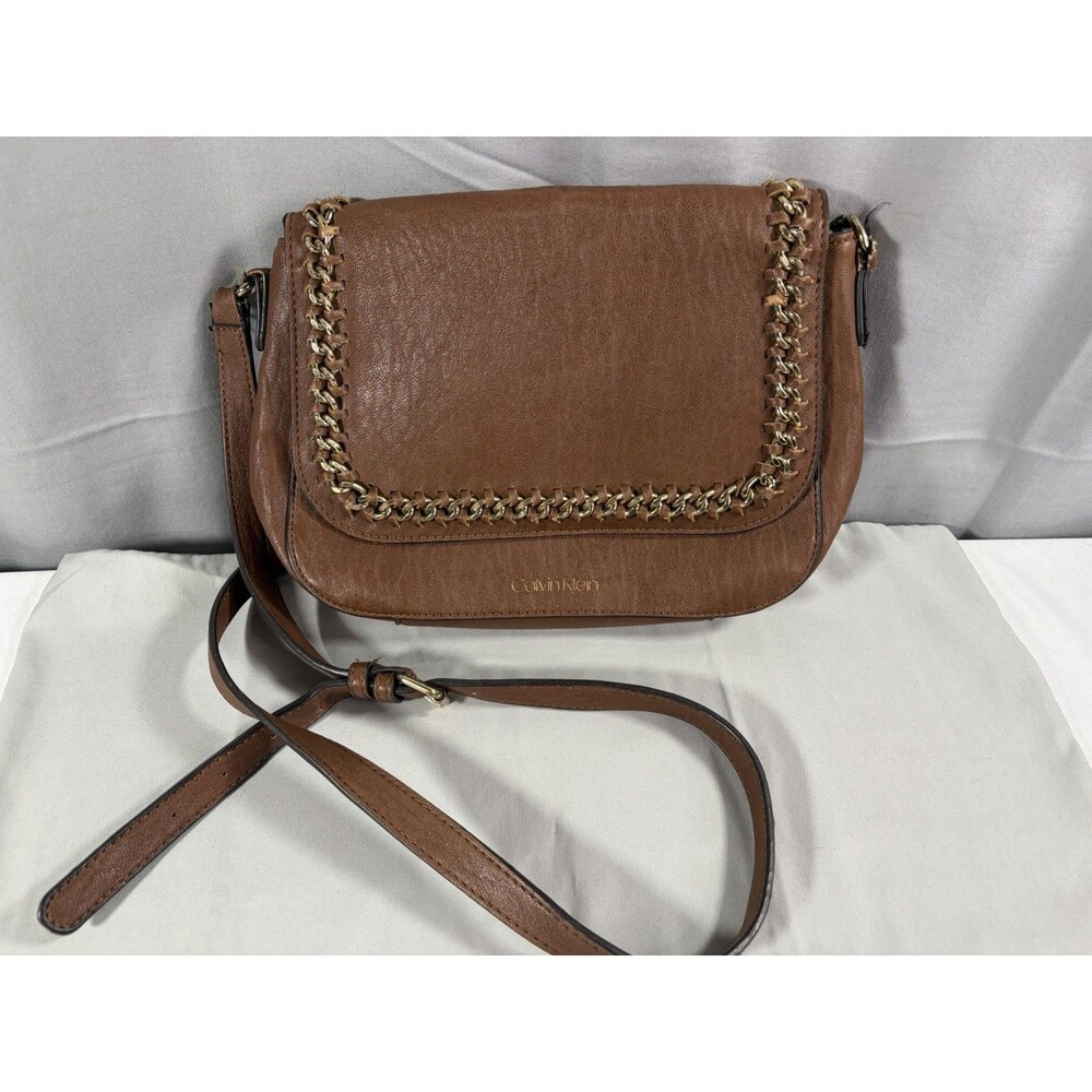 Calvin Klein Caramel Medium Crossbody Bag Zip, Adjustable Strap Gold Hardware